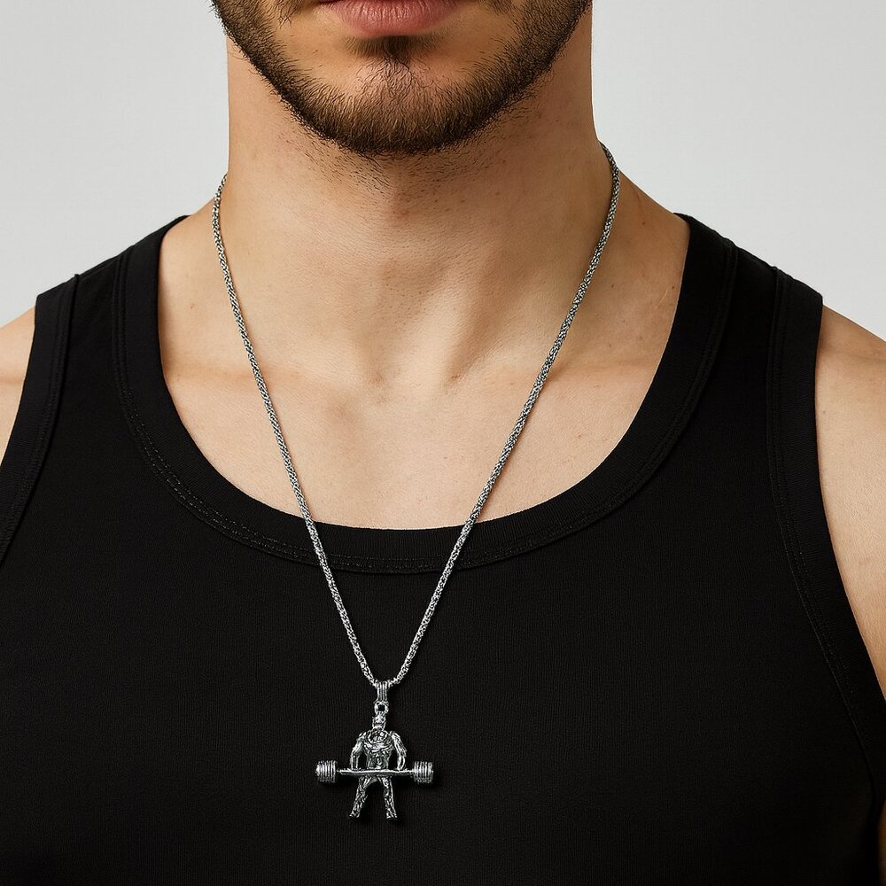 Weightlifter Bodybuilder Necklace Stainless Steel Silver Tone 22 Inch New